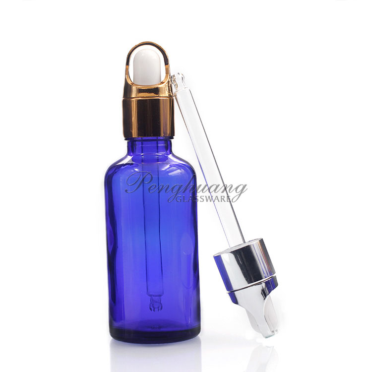 50ml Essential Oil Packaging with metal dropper amber blue green clear glass bottle