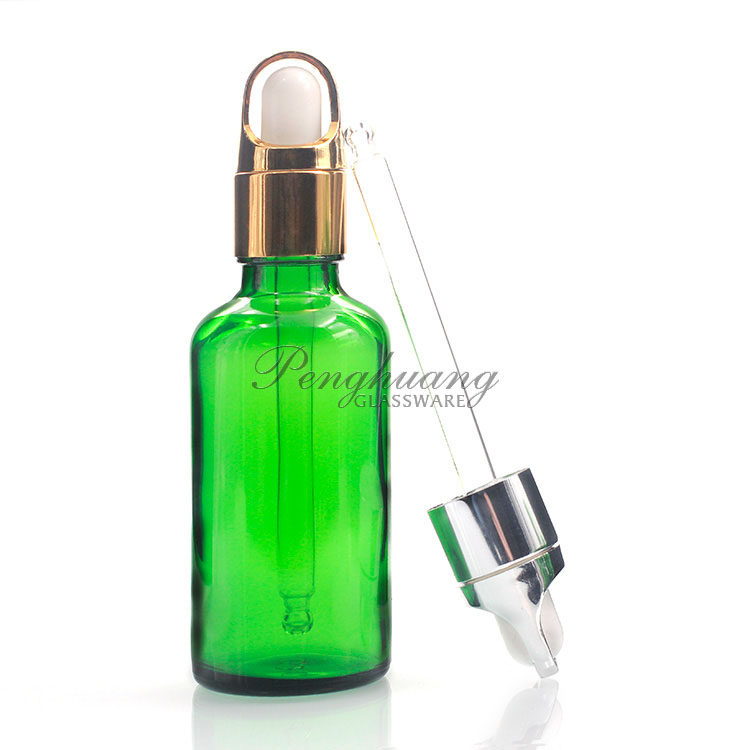 50ml Essential Oil Packaging with metal dropper amber blue green clear glass bottle