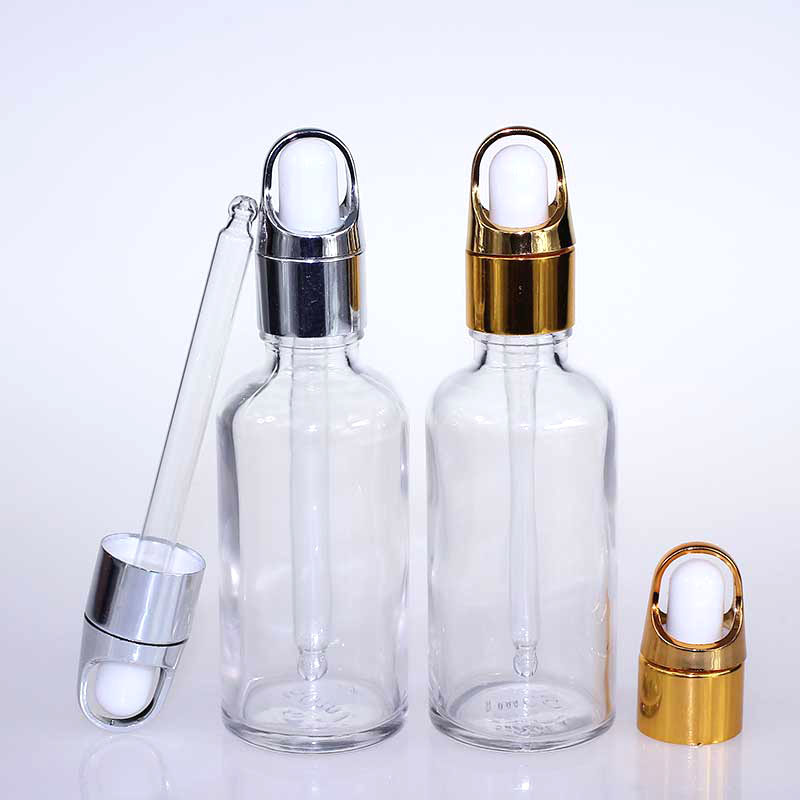 50ml Essential Oil Packaging with metal dropper amber blue green clear glass bottle