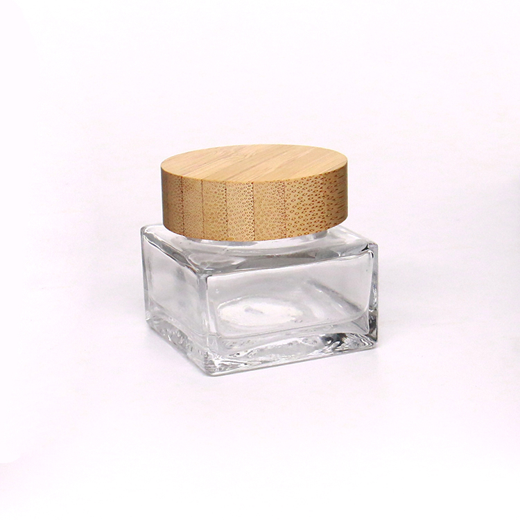 50ml Square Glass Cream Jar With Bamboo Lids For Skin Care
