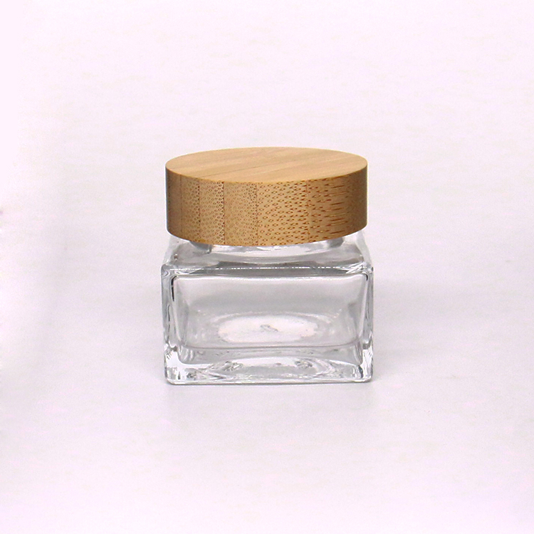 50ml Square Glass Cream Jar With Bamboo Lids For Skin Care