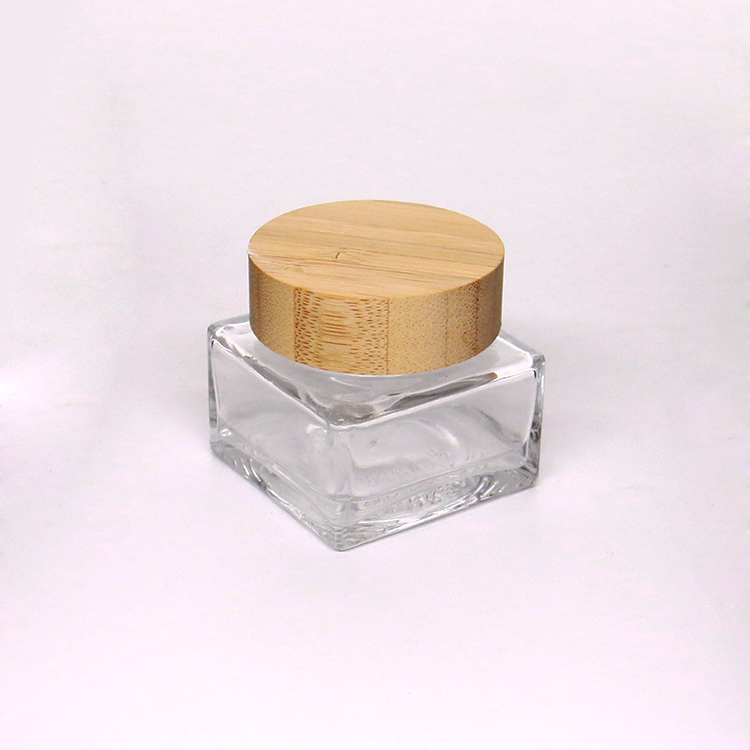 50ml Square Glass Cream Jar With Bamboo Lids For Skin Care