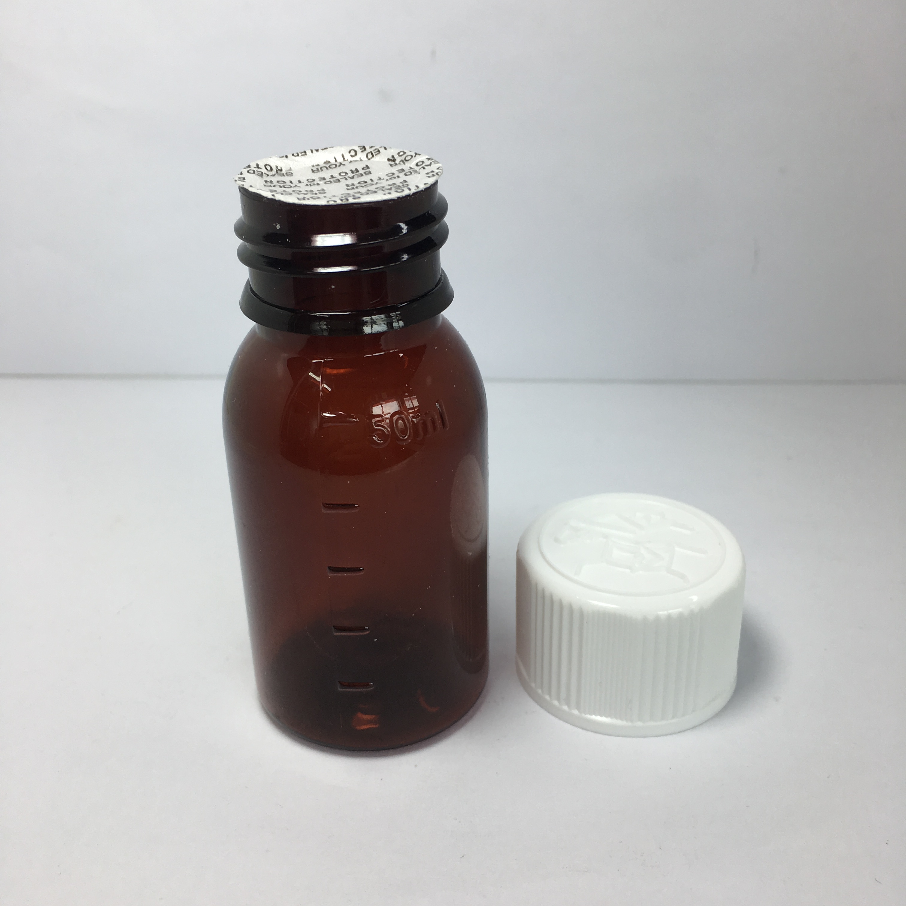 50ml amber brown syrup bottle with graduated liner and childproof & Insurance Cover