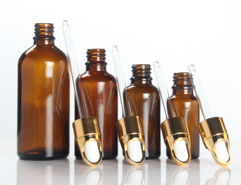 50ml amber glass essential oil dropper bottle with gold flower basket lid cap