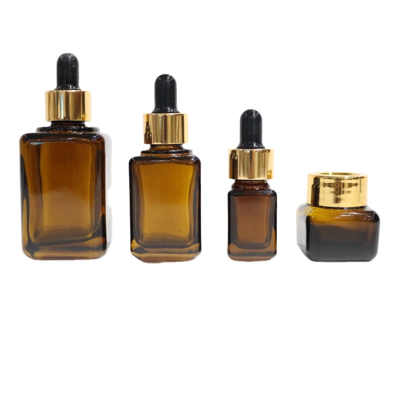 50ml amber square essential oil glass  bottle with shiny gold cap black rubber dropper popular brown dropper glass  bottle