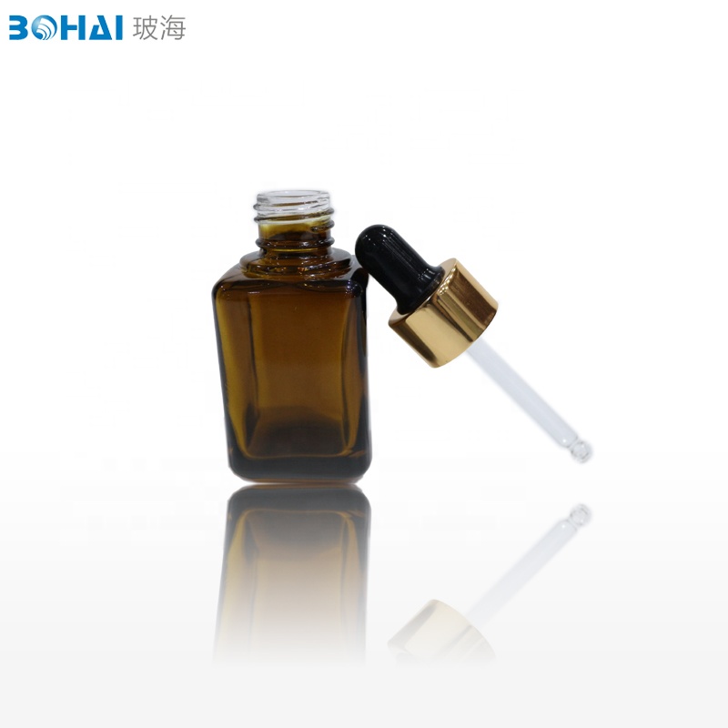 50ml amber square essential oil glass bottle with shiny gold cap black rubber dropper popular brown dropper glass bottle
