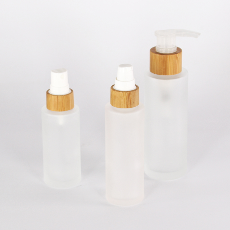 50ml bamboo lid glass bottle frosted glass lotion pump bottle with bamboo lid
