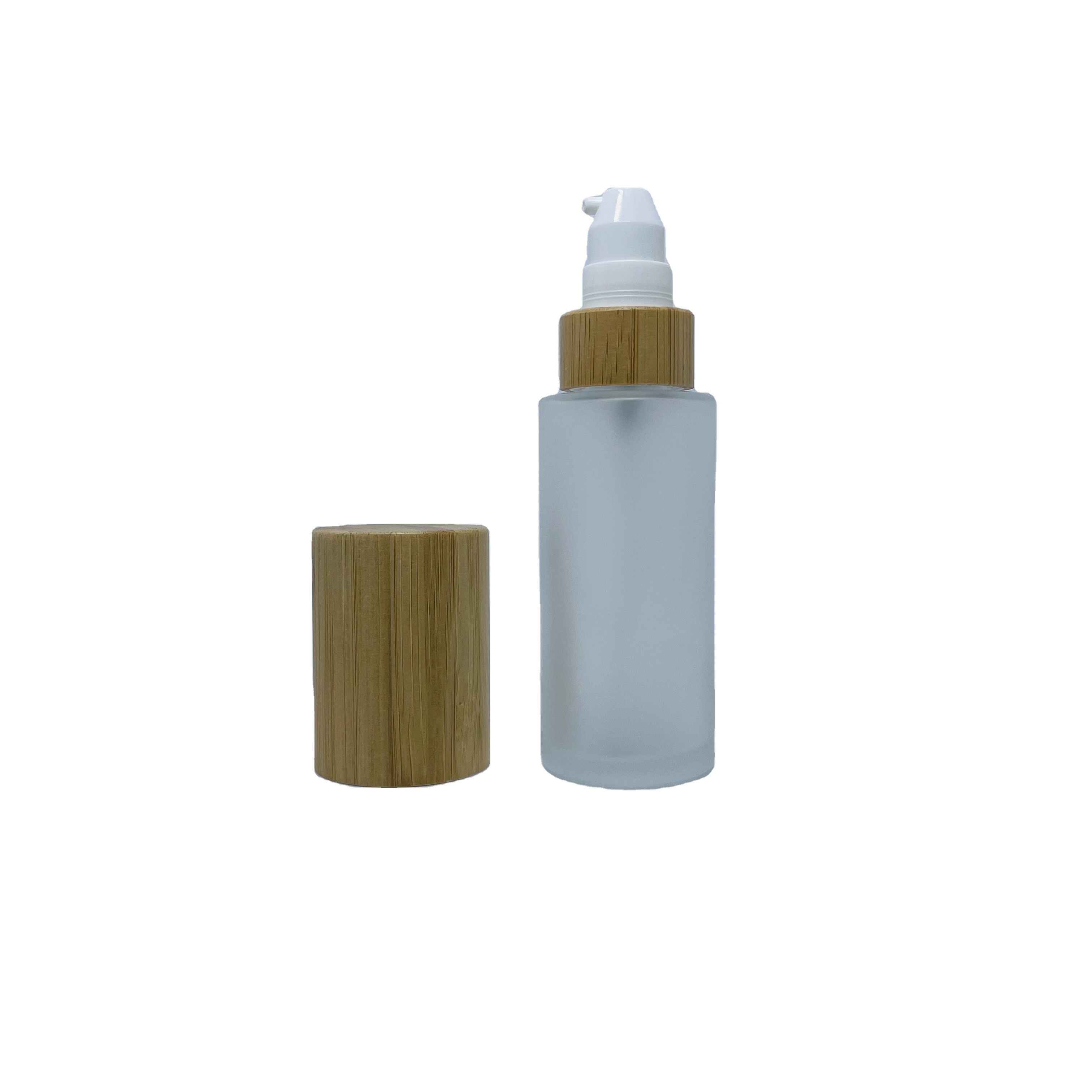 50ml bamboo lid glass bottle frosted glass lotion pump bottle with bamboo lid