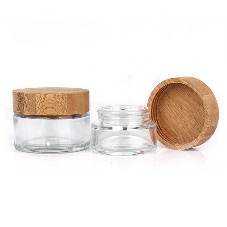 50ml bamboo wood lid Cosmetic Packaging empty cosmetic container glass jar for cream