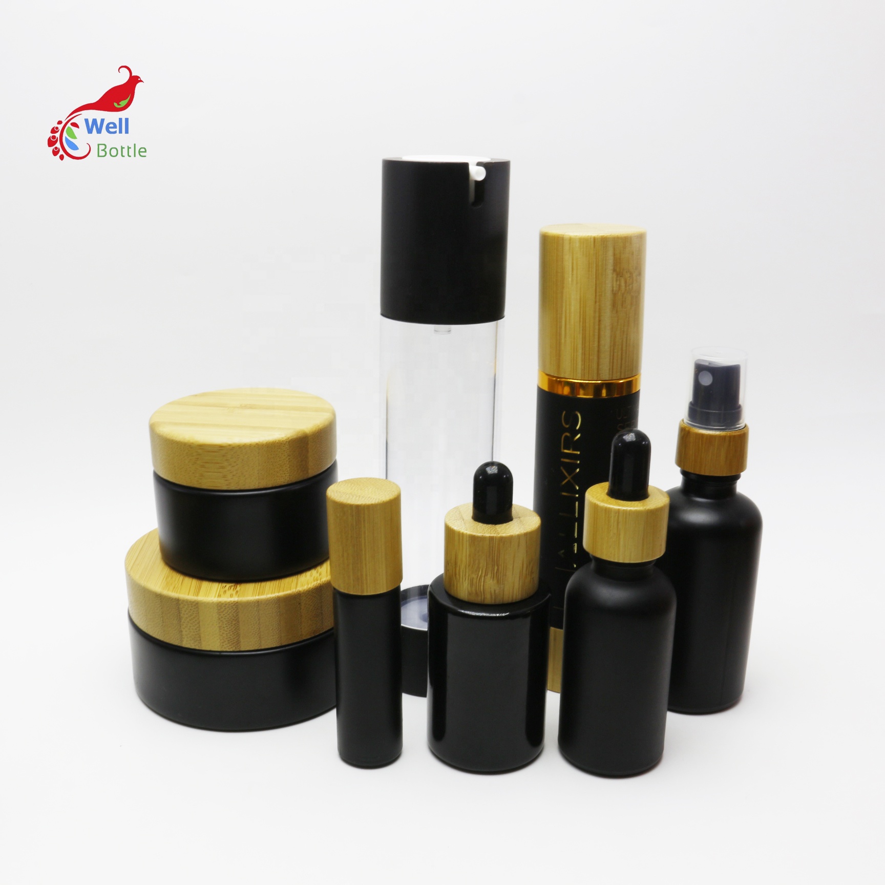 50ml black bamboo lid glass jar with wooden cap for cosmetic cream BJ-6T