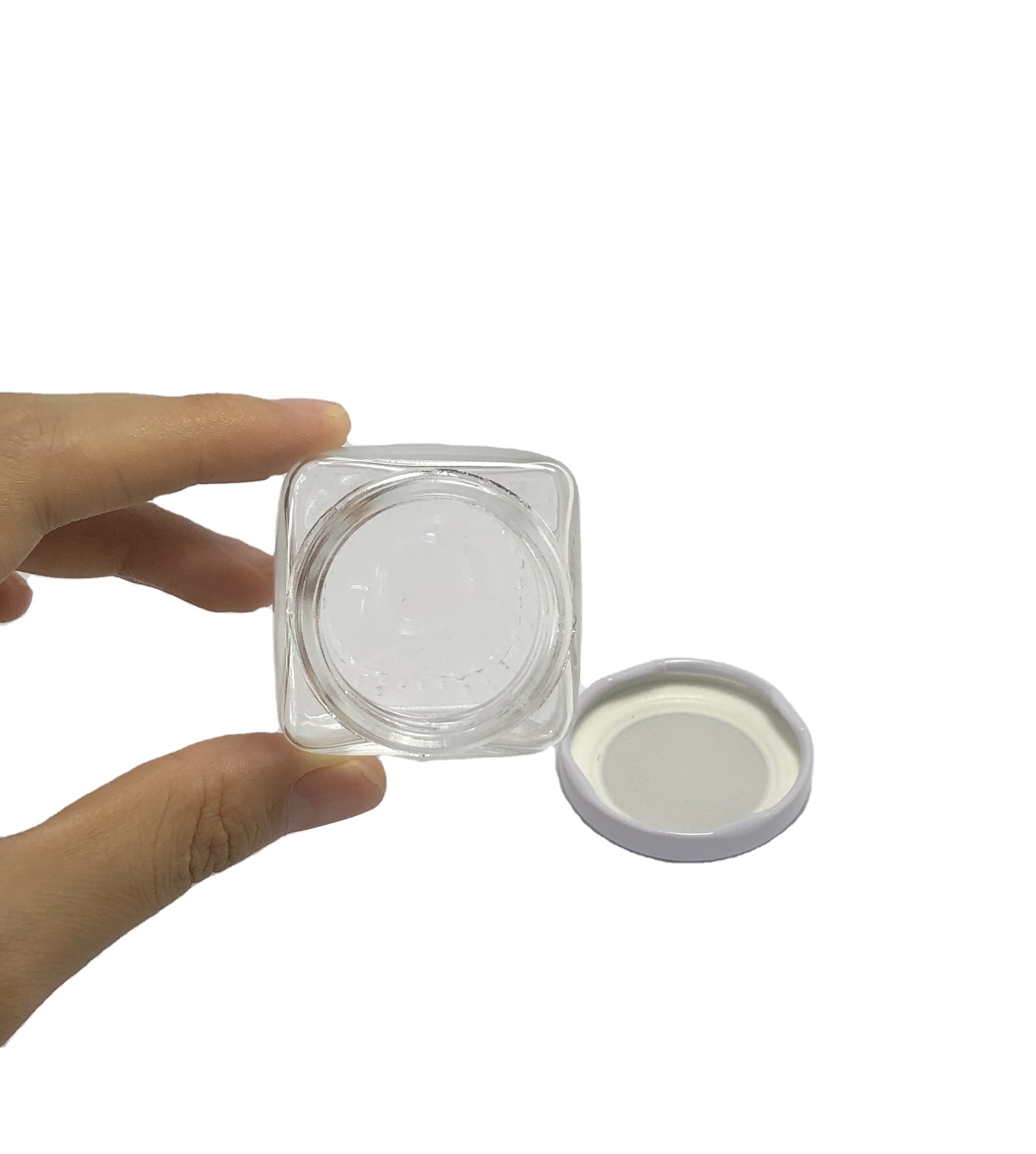 50ml clear square glass jar with silver metal screw cap and colorful labels