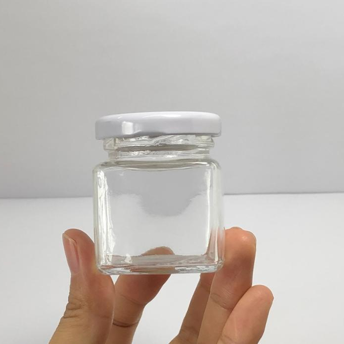 50ml clear square glass jar with silver metal screw cap and colorful labels