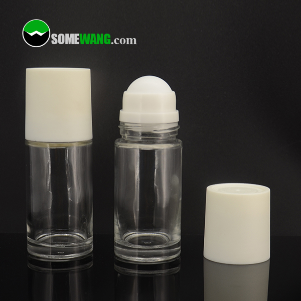 50ml cylinder deodorant glass roll on bottle with biodegradable corn/starch cap, 1.67oz roll on glass bottle with plastic cap