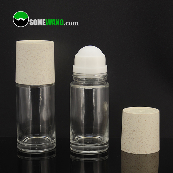 50ml cylinder deodorant glass roll on bottle with biodegradable corn/starch cap, 1.67oz roll on glass bottle with plastic cap