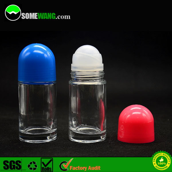 50ml cylinder deodorant glass roll on bottle with biodegradable corn/starch cap, 1.67oz roll on glass bottle with plastic cap