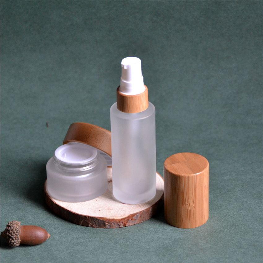 50ml empty frosted glass pump bottles with bamboo cosmetic lid /cosmetic lotion bottles/cosmetic bottles and jars