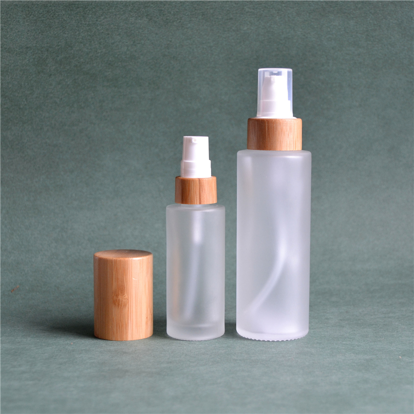 50ml empty frosted glass pump bottles with bamboo cosmetic lid /cosmetic lotion bottles/cosmetic bottles and jars