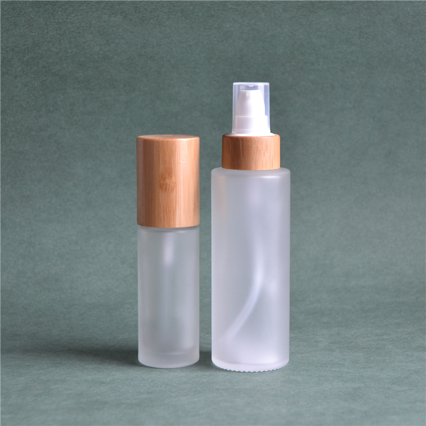50ml empty frosted glass pump bottles with bamboo cosmetic lid /cosmetic lotion bottles/cosmetic bottles and jars