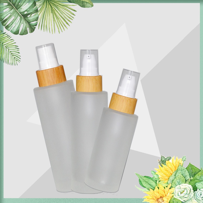 50ml empty frosted glass pump bottles with bamboo cosmetic lid /cosmetic lotion bottles/cosmetic bottles and jars