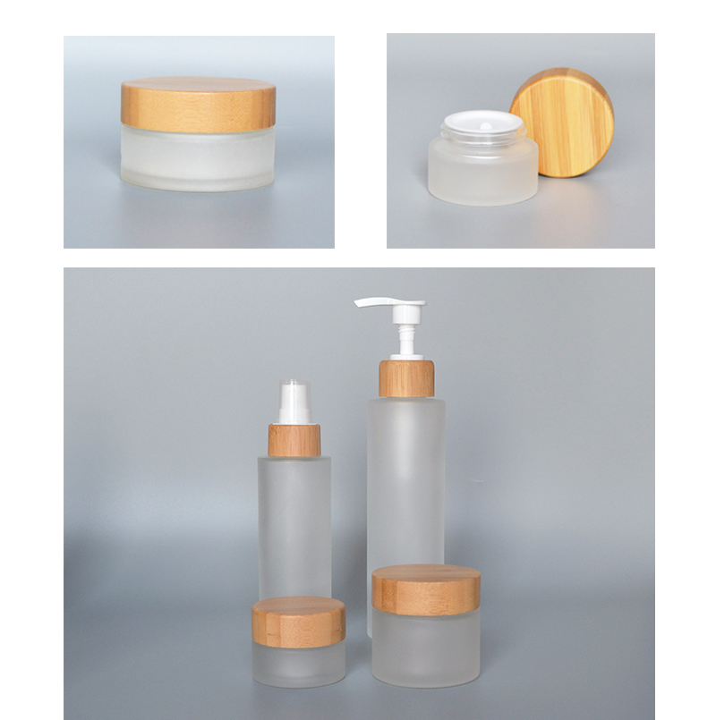 50ml empty frosted glass pump bottles with bamboo cosmetic lid /cosmetic lotion bottles/cosmetic bottles and jars