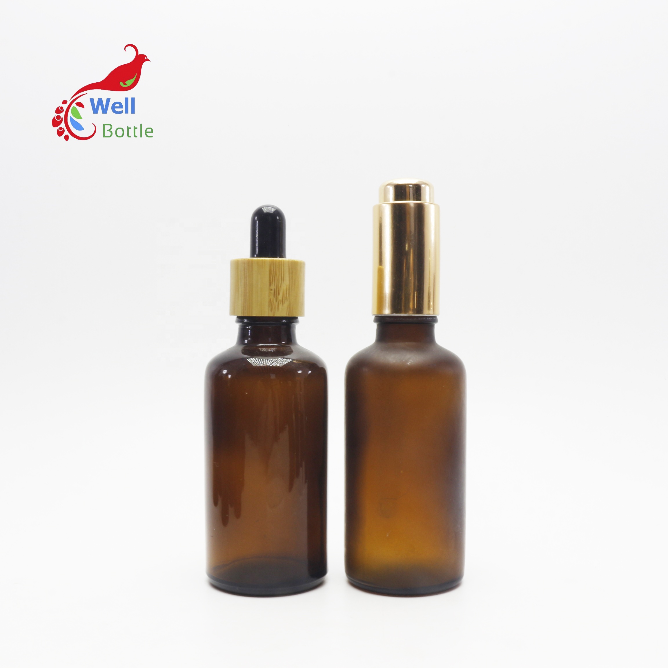 50ml frosted amber dropper glass bottle with bamboo cap for essential oil serum cosmetic packaging GB-79B
