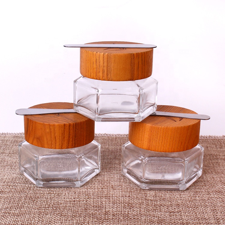 50ml  hexagonal cosmetic  cream glass jar for cosmetic with wooden  lid and spoon