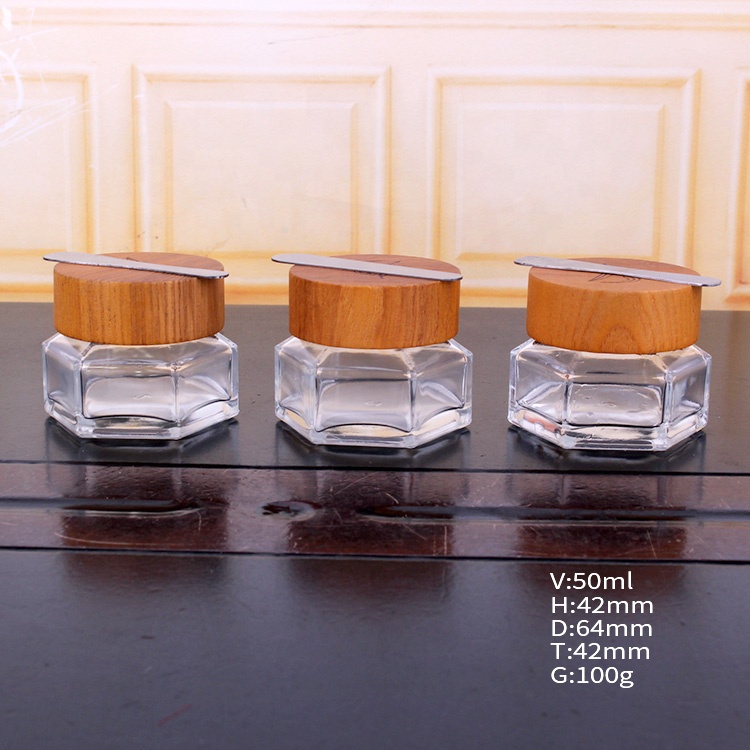 50ml hexagonal cosmetic cream glass jar for cosmetic with wooden lid and spoon