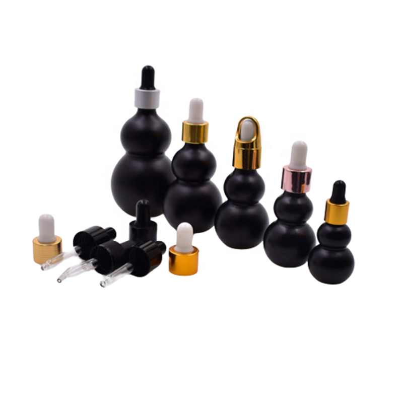 50ml matte black gourd cucurbit shape glass bottle for essential oil serum cosmetics packaging container with dropper pump cap