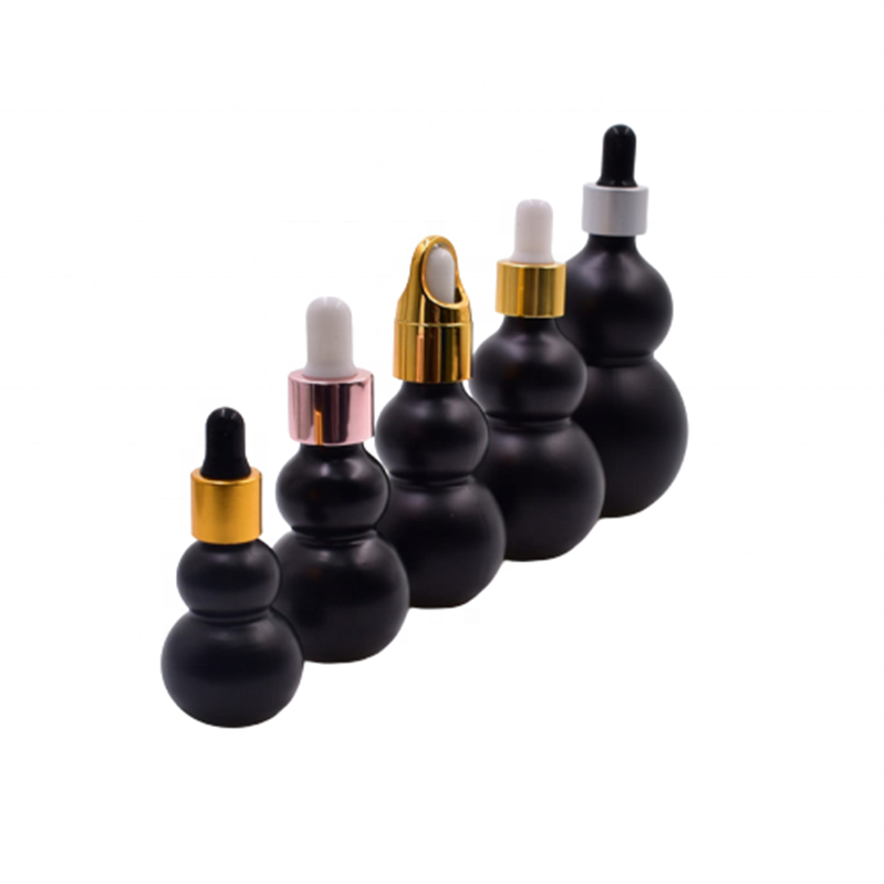 50ml matte black gourd cucurbit shape glass bottle for essential oil serum cosmetics packaging container with dropper pump cap