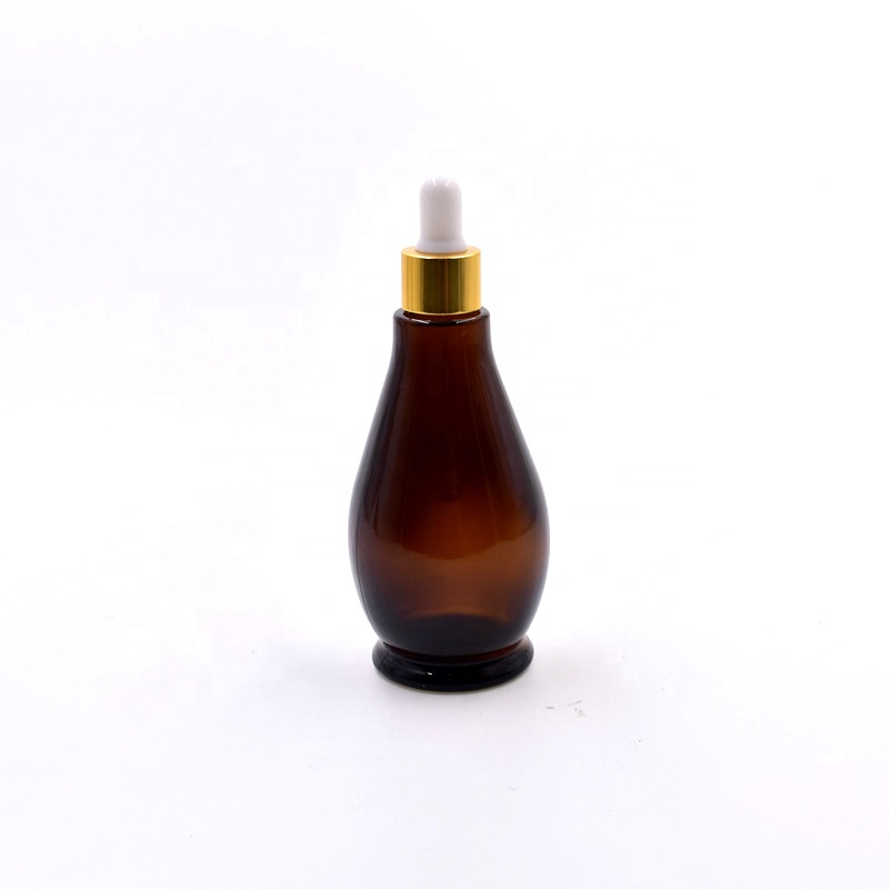 50ml new amber brown single gourd shape glass bottle for essential oil cosmetic packaging container with dropper spray pump cap