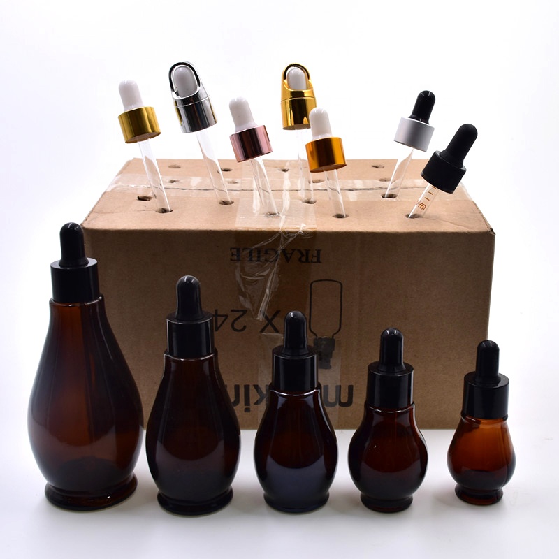 50ml new amber brown single gourd shape glass bottle for essential oil cosmetic packaging container with dropper spray pump cap
