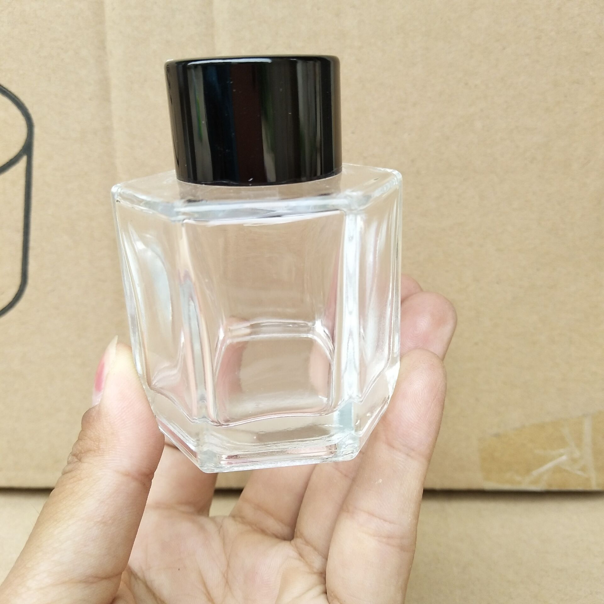 50ml super crystal white hexagon shape aromatherapy essential oil reed glass bottles with inner stopper and screw cap