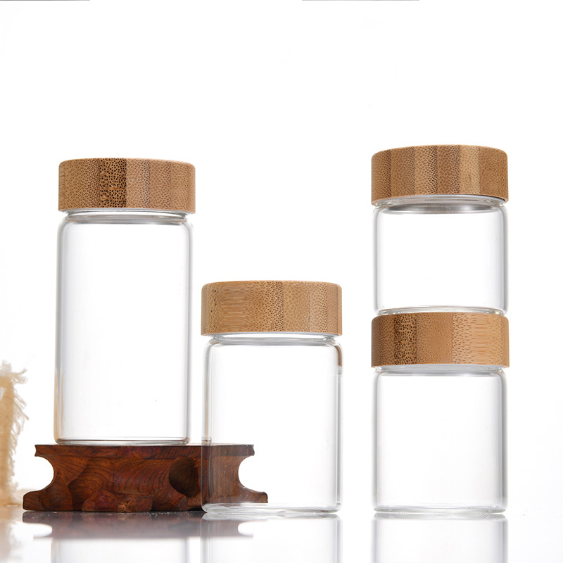 50ml threaded bamboo lid borosilicate glass bottle 100ml small honey jar sealed transparent glass bottle