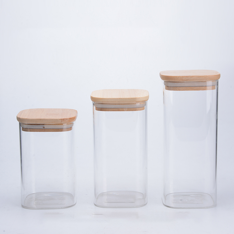 530ml 680ml 800ml Cuboid square shape borosilicate glass storage jar with airtight bamboo lid