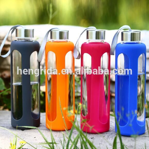 550ml/900ml Glass Water bottle with silicone sleeve glass bottle juice 16oz with stainless clip sports-bottle