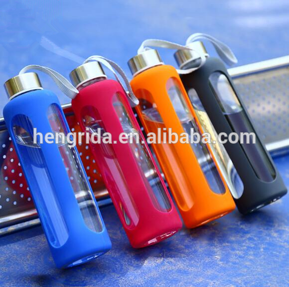 550ml/900ml Glass Water bottle with silicone sleeve glass bottle juice 16oz with stainless clip sports-bottle