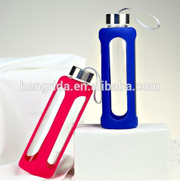 550ml/900ml Glass Water bottle with silicone sleeve glass bottle juice 16oz with stainless clip sports-bottle