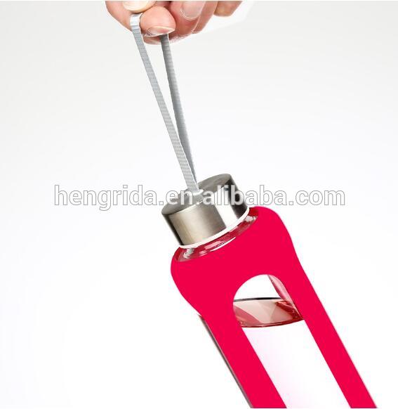 550ml/900ml Glass Water bottle with silicone sleeve glass bottle juice 16oz with stainless clip sports-bottle