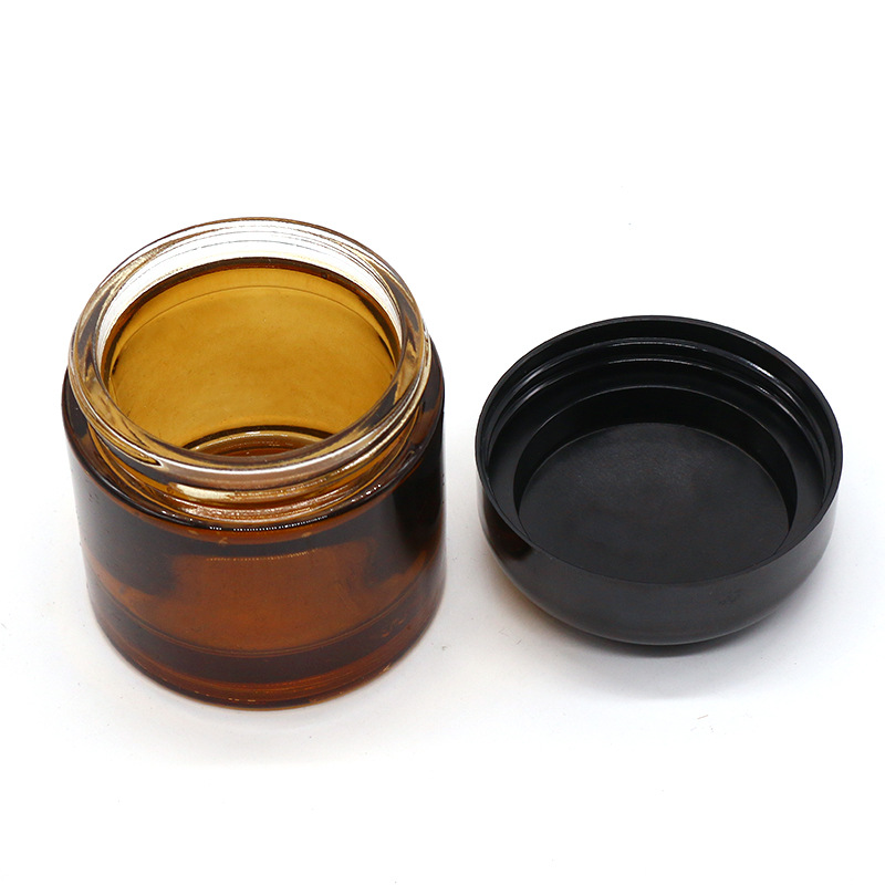 56 mm neck thick Phenolic plastic screw lid  heavy base amber glass cosmetic jar