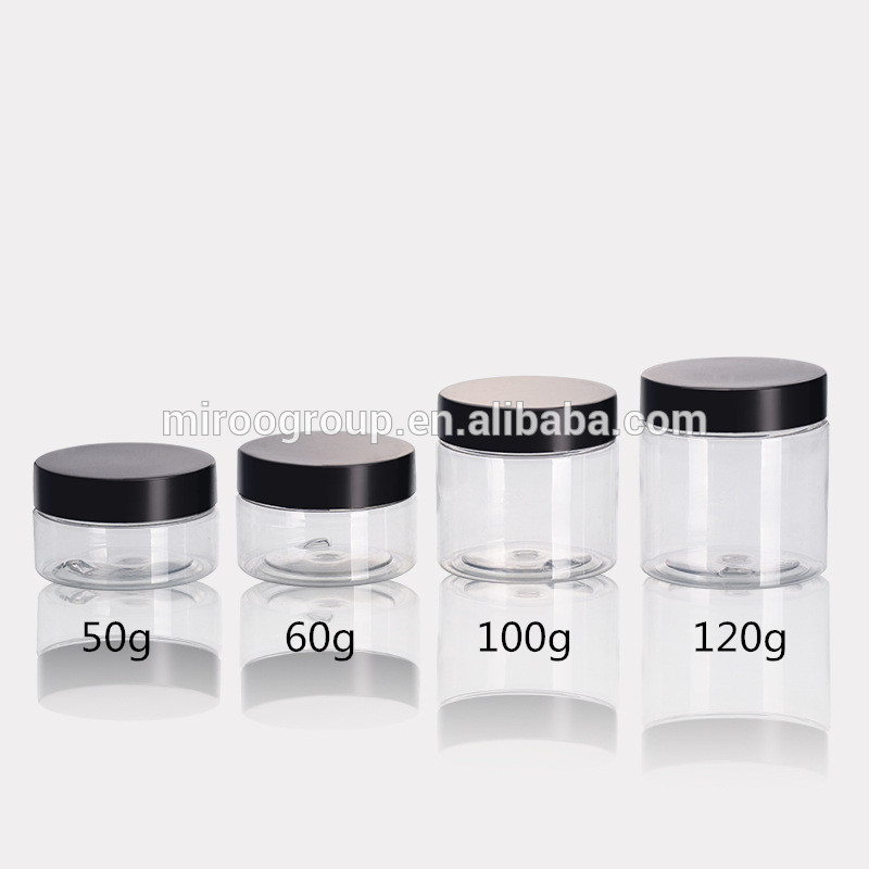 56mm neck 50ml 60ml 100ml 120ml PET Clear Wide Mouthed Round Cream Jar with Plastic and Aluminum Screw Lids for choose