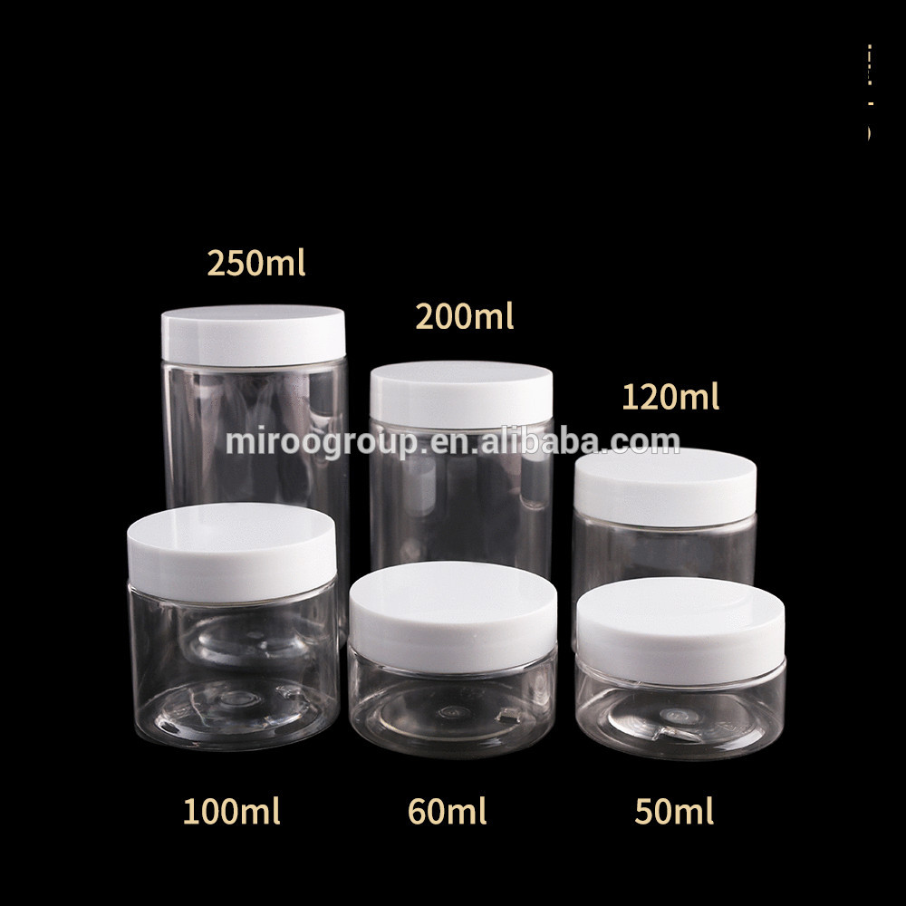 56mm neck 50ml 60ml 100ml 120ml PET Clear Wide Mouthed Round Cream Jar with Plastic and Aluminum Screw Lids for choose