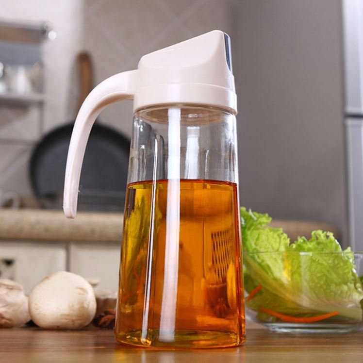 580 Creative Leak-proof Oil Container Kitchen Multi-purpose Automatic Opening Closing Transparent Glass Oil Bottle Dispenser