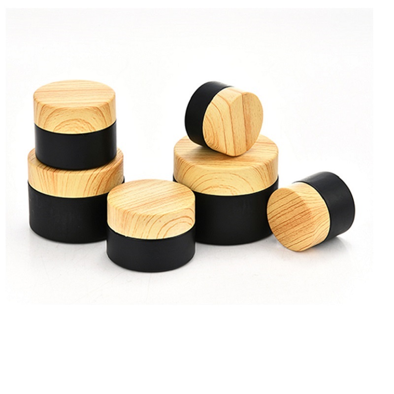 5G 10G 15G 20G 30G 50G Empty Cosmetic Cream Jar Matte Black Refillable Face Cream Glass Jars And Bottles with Wooden Pattern Lid
