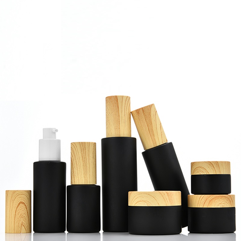 5G 10G 15G 20G 30G 50G Empty Cosmetic Cream Jar Matte Black Refillable Face Cream Glass Jars And Bottles with Wooden Pattern Lid