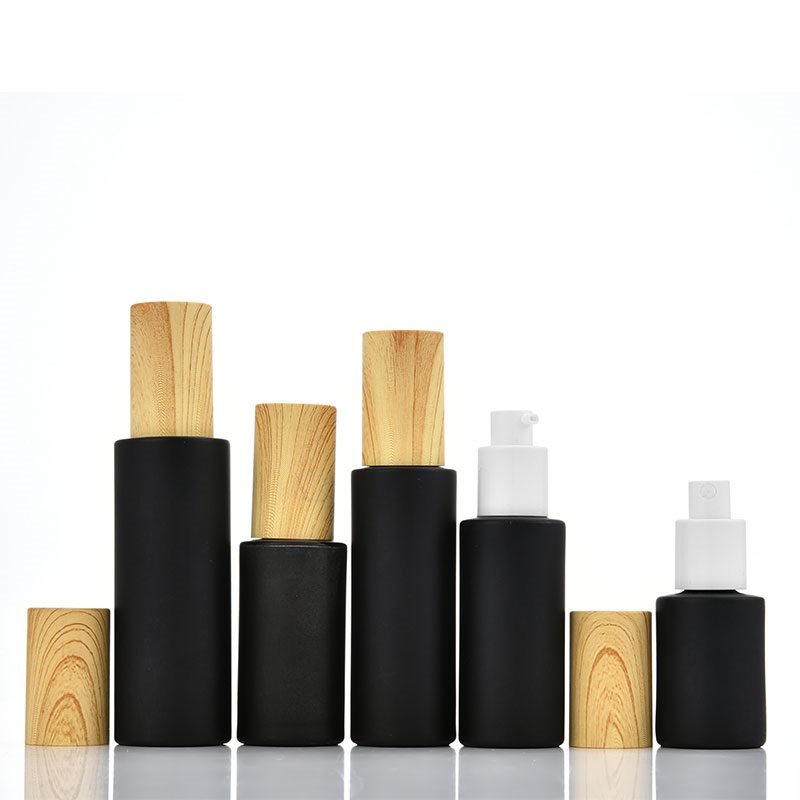 5G 10G 15G 20G 30G 50G Empty Cosmetic Cream Jar Matte Black Refillable Face Cream Glass Jars And Bottles with Wooden Pattern Lid