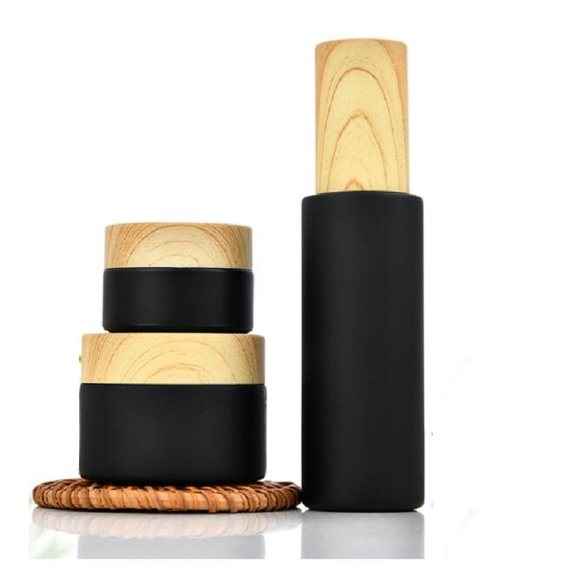5G 10G 15G 20G 30G 50G Empty Cosmetic Cream Jar Matte Black Refillable Face Cream Glass Jars And Bottles with Wooden Pattern Lid