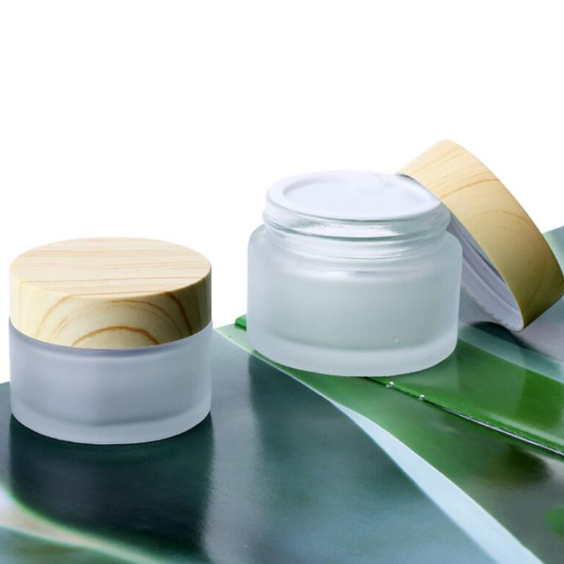 5G 10G 15G 30G 50G 100g Empty Frosted Glass Cream Jar Cosmetic Packaging Containers With Wood Grain Cover