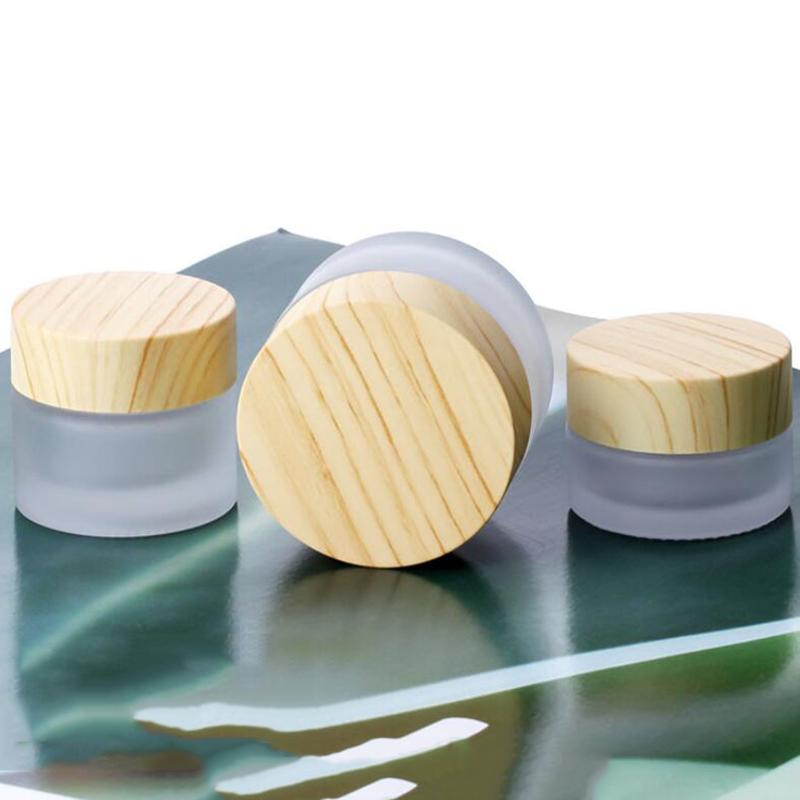 5G 10G 15G 30G 50G 100g Empty Frosted Glass Cream Jar Cosmetic Packaging Containers With Wood Grain Cover