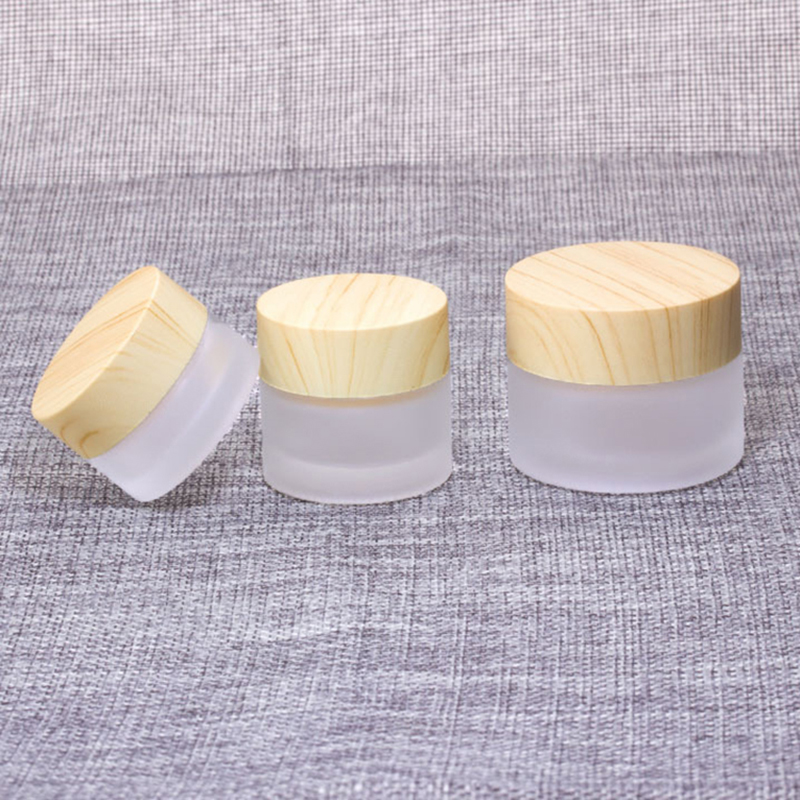 5G 10G 15G 30G 50G 100g Empty Frosted Glass Cream Jar Cosmetic Packaging Containers With Wood Grain Cover