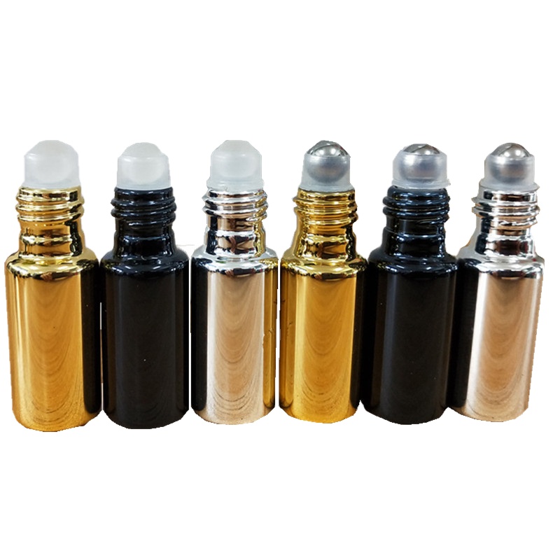 5ML 10ML Silver Gold Black Roll On Glass Perfume Bottle UV Cover Bottle Electroplate UV Bottle With Ball and Cap